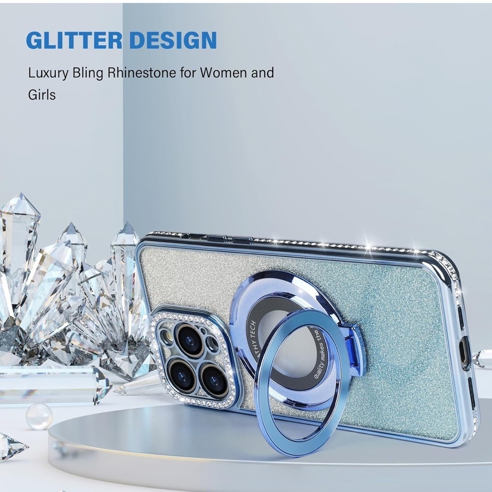 iPhone 15 pro Max Luxury Glitter Phone Case with Ring Holder - Silver and bule - Picture 6 of 6